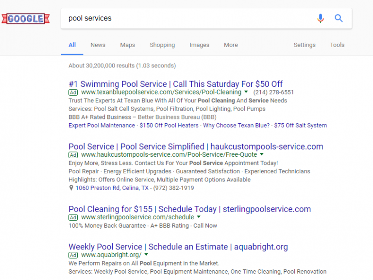 website edcation, pool services search