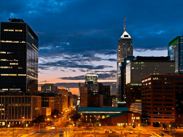 Indianapolis skyline at sunset.