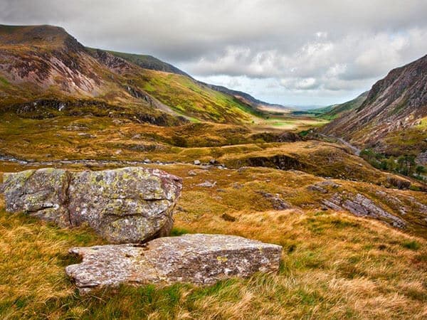 View along Nant Francon valley Snowdonia National Park landscape