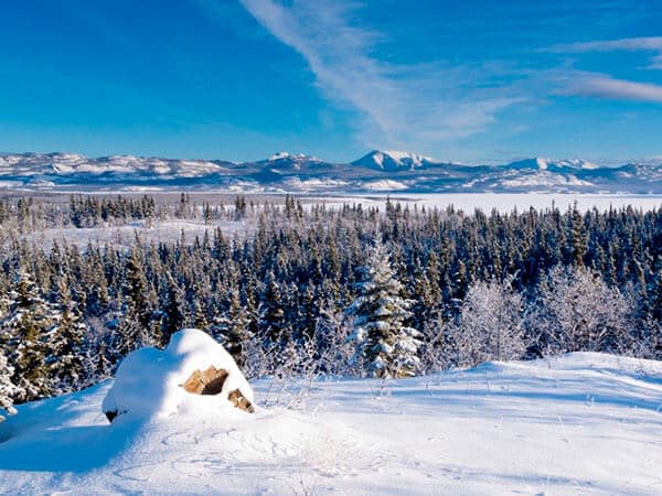 Scenic winter at frozen Lake Laberge Yukon Canada