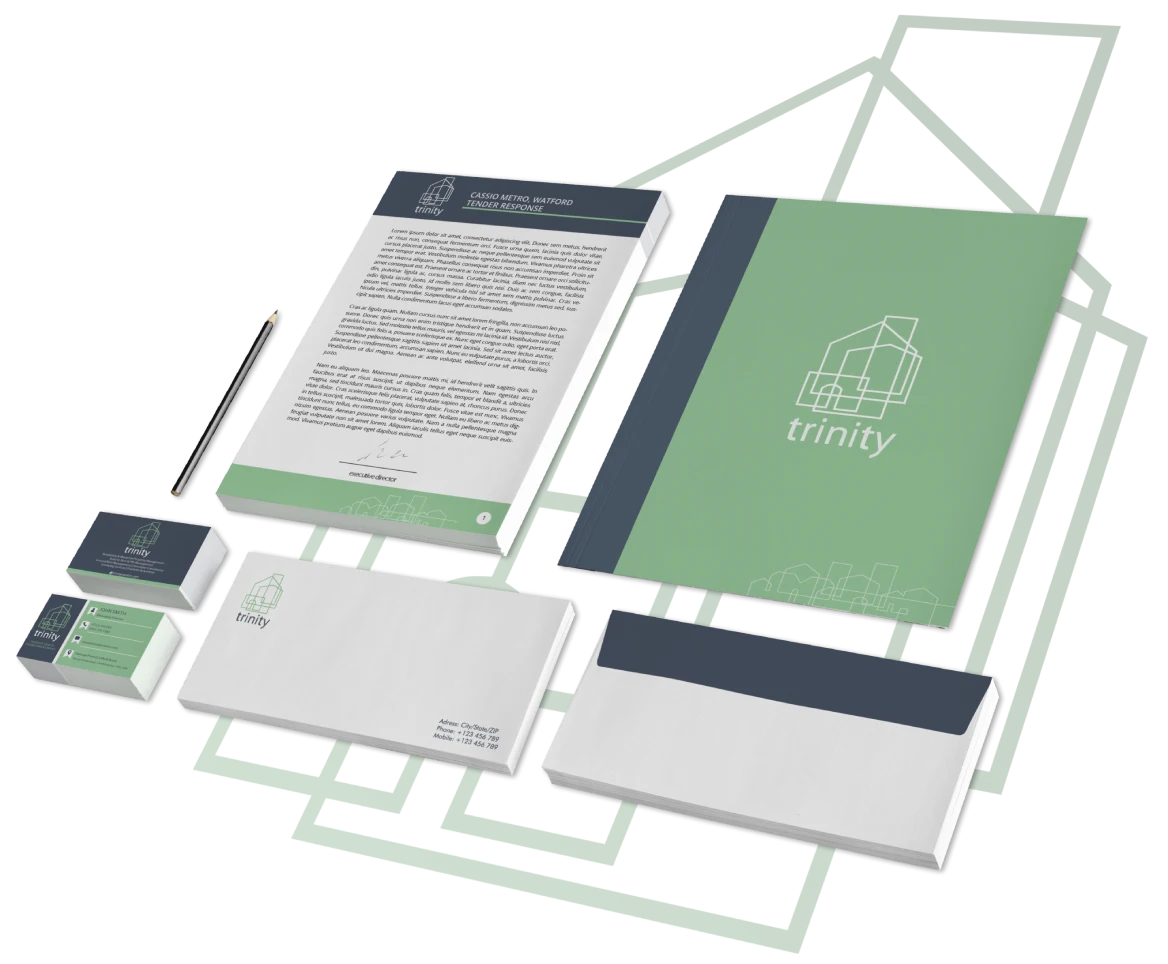 Custom logo design mockup for Trinity consulting company stationery set featuring green and dark blue branding on business cards, letterhead, and envelope with clean modern typography.