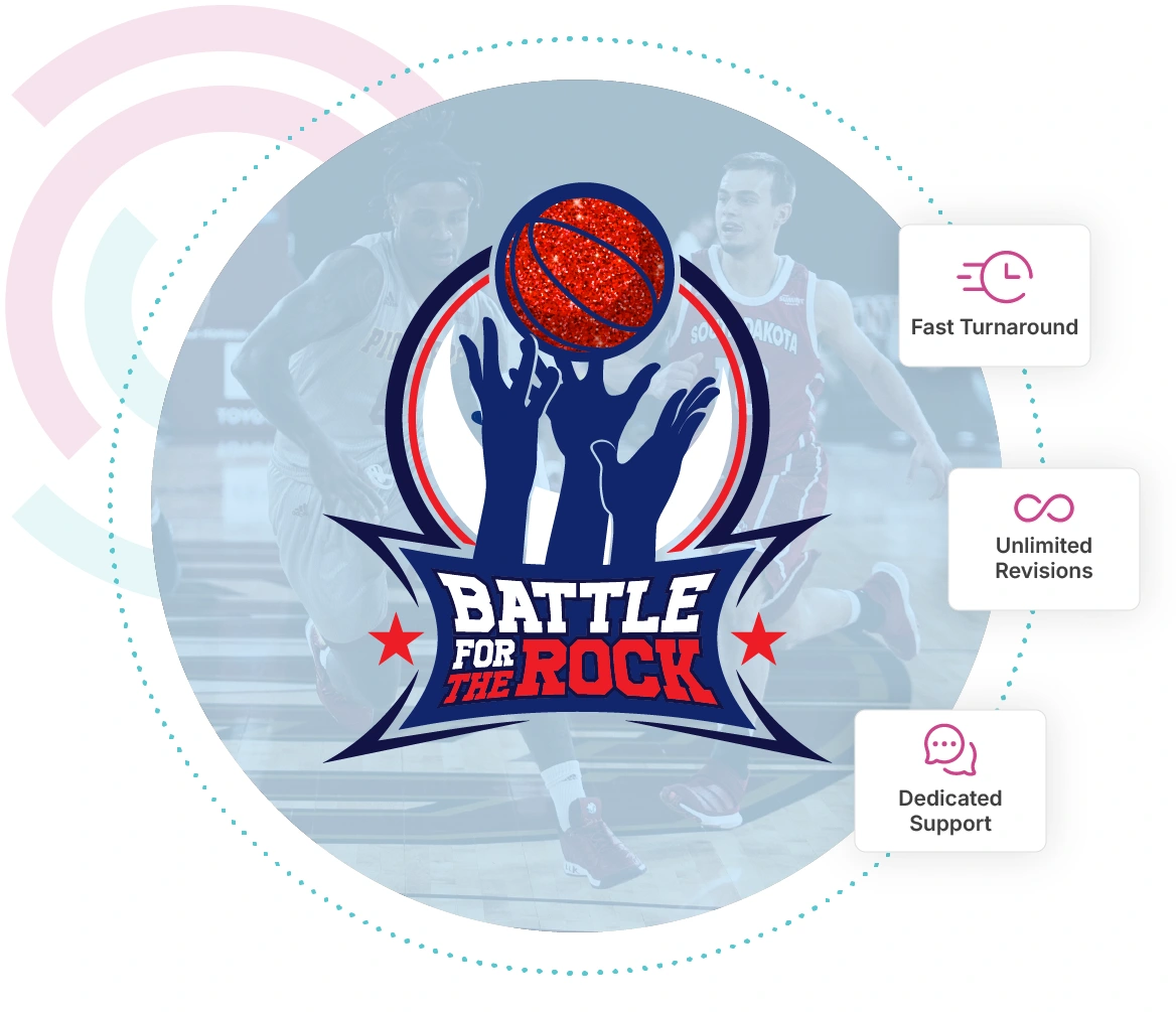 Custom logo design for Battle for the Rock basketball tournament brand featuring blue and red court-inspired iconography with action typography, accompanied by blurbs highlighting fast turnaround, unlimited revisions, and dedicated support.
