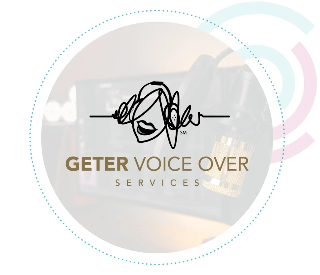 Custom logo design for Geter Voice Over Services company gallery sample, featuring black and gold-toned microphone or sound wave iconography with elegant typography representing voice recording, commercial production, dubbing, and voice acting services.