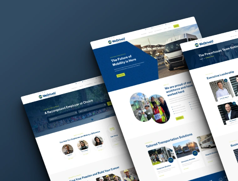 Professional logo design mockup for WeDriveU transportation company featuring three-page website layout with vehicle or road-inspired iconography and navigation-friendly interface design.