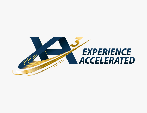 Custom logo design for XA3 Experience Accelerated consulting brand gallery sample, featuring blue and yellow geometric shapes with modern typography symbolizing speed and growth.