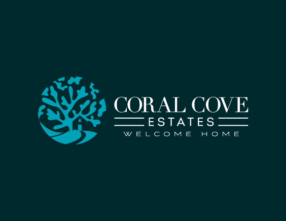 Custom logo design for Coral Cove Estates real estate brand gallery sample, featuring cool-toned blue and silver coastal imagery with estate or wave-inspired icon and elegant serif typography.