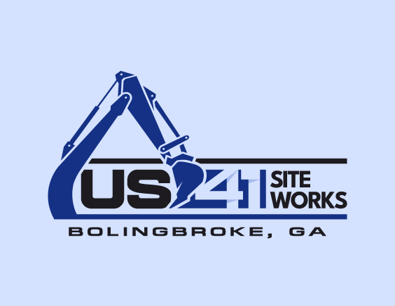 Custom logo design for US41 Site Works construction company gallery sample, featuring cool-toned blue and gray industrial iconography with heavy equipment or architectural shapes and bold sans-serif typography.